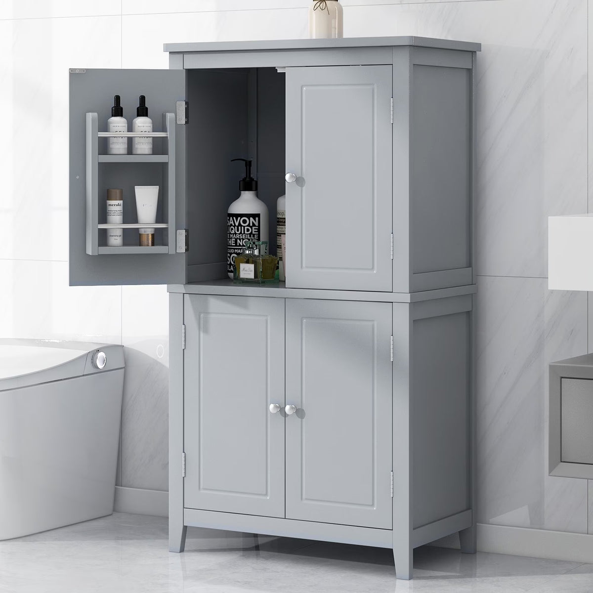 Elegant Bathroom Floor Storage Cabinet, Bathroom Storage Unit, Freestanding Cabinet with 4 Doors
