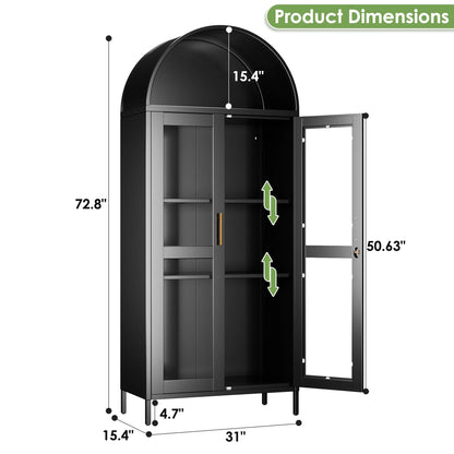 SUPEER Metal Arched Storage Display Cabinet with Glass Doors and Adjustable Shelves, Lockable Cabinet, Assembly Required, Black