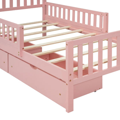 Bellemave Twin Bed with Storage Drawers and Fence Rails, Wood Platform Beds Frame with Headboard, Twin Size Storage Bed for Kids Boys Girls Teens��White)