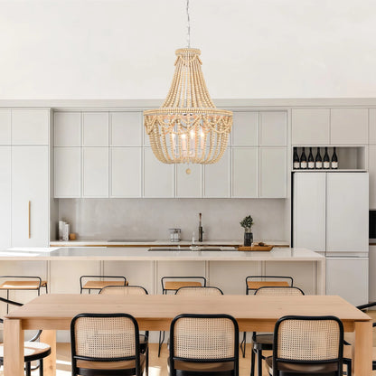 Boho Wood Bead Chandelier 4-Light Rustic Farmhouse Pendant Light for Dining Room or Kitchen Island