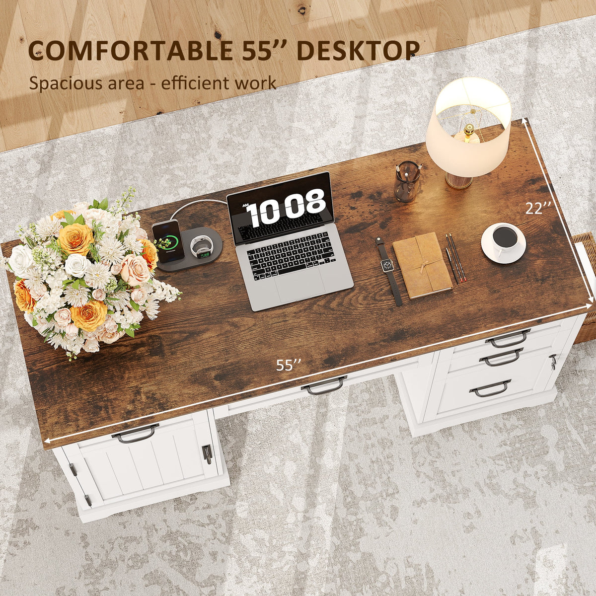 Whalefall 55 in Farmhouse Executive Desk with File Drawer for Adult Home Office, White