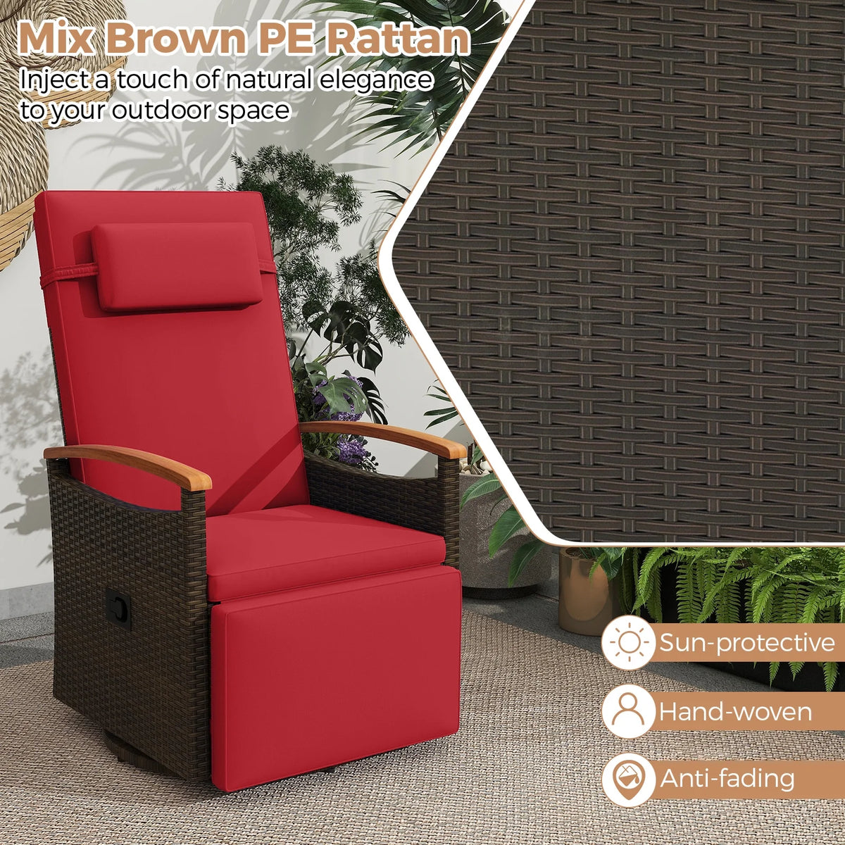 Costway Outdoor 360�� Swivel Rattan Recliner Chair Patio Wicker Chaise Lounge Chair Beige