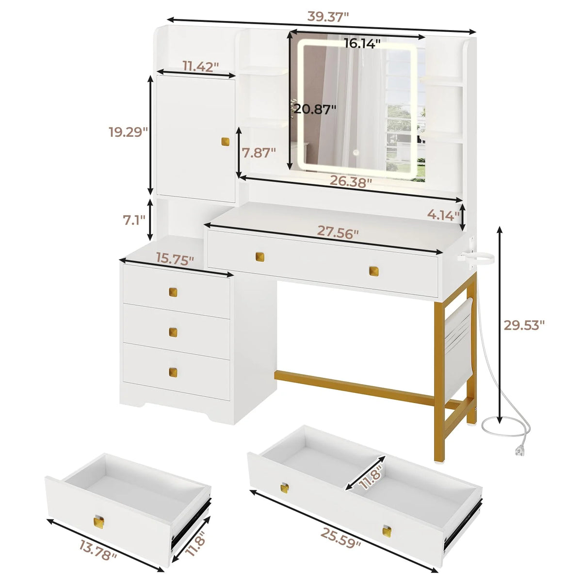 Makeup Vanity Desk with Lighted Mirror & Charging Stations & 6 Drawers Large Vanity Table Bedroom Dressing Table with Glass Tabletop&Side Cabinet&Glass Tabletop, Black