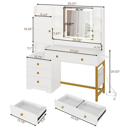Makeup Vanity Desk with Lighted Mirror & Charging Stations & 6 Drawers Large Vanity Table Bedroom Dressing Table with Glass Tabletop&Side Cabinet&Glass Tabletop, Black
