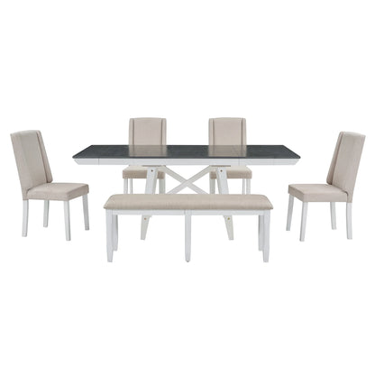 6 Piece Extendable Dining Table Set, Atumon Wood Dining Room Set for 6, Dining Table Set with 4 Beige Cushioned Chairs and Bench, Farmhouse Dining Table Set Furniture for Kitchen Dining Room, Natural