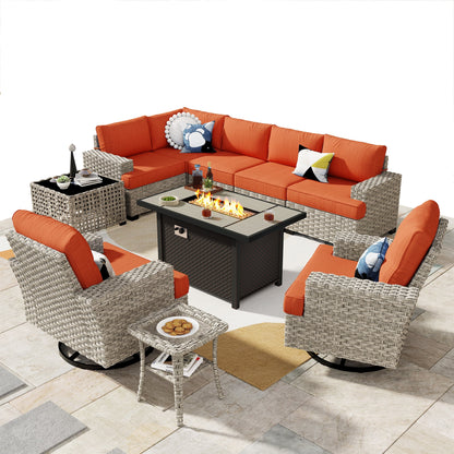 Ovios 10 Pieces Outdoor Patio Furniture Modern High-Back All-Weather Wicker Sectional Conversation Set with Propane Fire Pit Table & Swivel Chair, Dark Gray