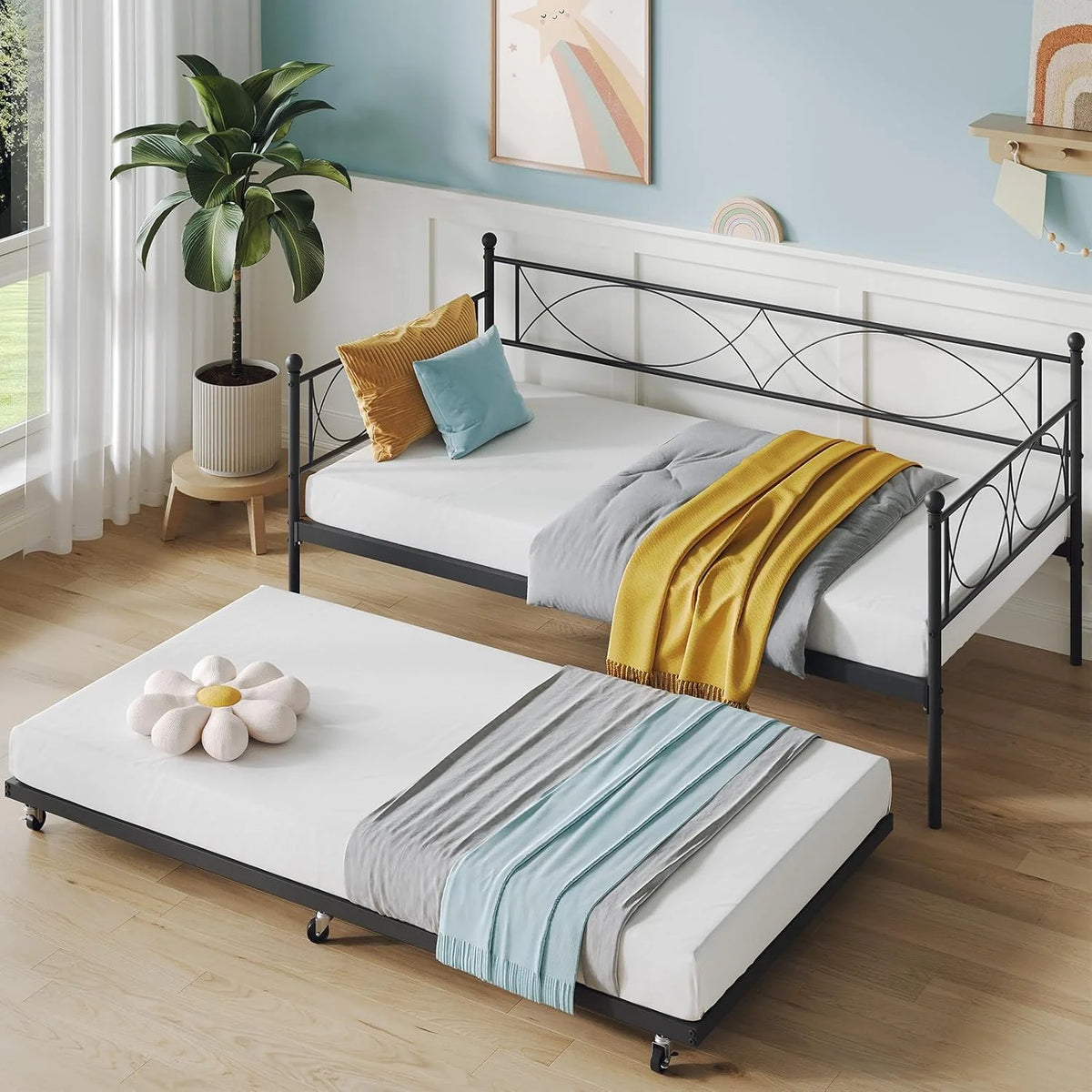 Senfot Twin Daybed with Trundle, Pull Out Trundle Day Bed, Twin Mattress Foundation with Metal Slats, Modern Sofa Bed for Living Room, Bedroom, and Guest Room, Black