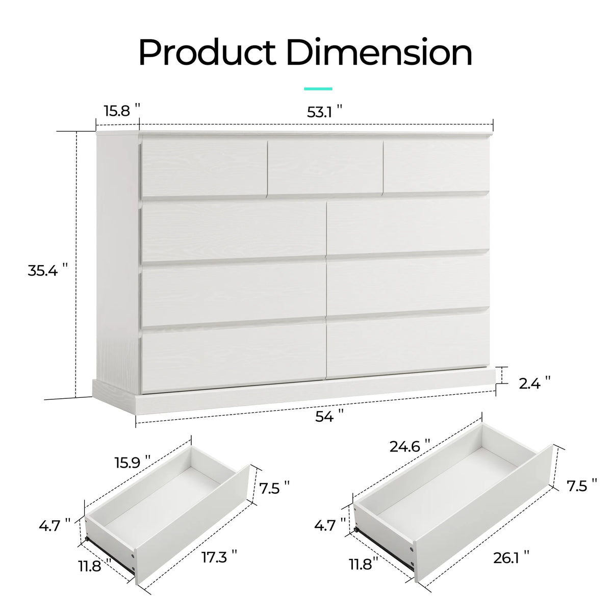 Linsy Home Modern Wood Dressers for Bedroom, Wide Chest of 9 Drawers, White