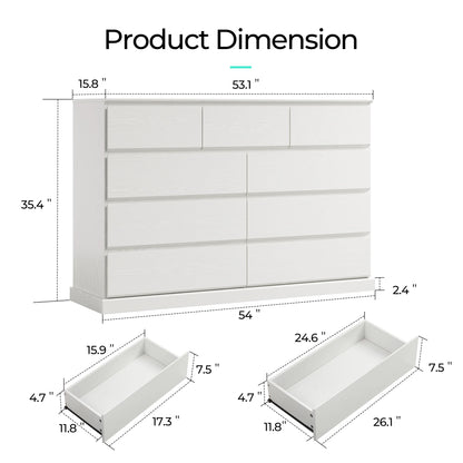 Linsy Home Modern Wood Dressers for Bedroom, Wide Chest of 9 Drawers, White