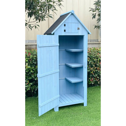 Hanover Sturdy Durable Waterproof Wood Outdoor Vertical Storage Shed, 70.40"x 30.30"x21.30", Blue