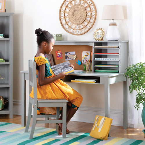Guidecraft Kids Media Desk and Chair Set - Gray: Kids Desk and Chair Set, Study Table for Kids with Hutch and Shelf, Wood Bedroom Furniture Set