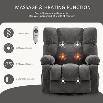 JONPONY Manual Recliner Chair with Heat Therapy and Massage Function, Heavy Duty Reclining Mechanism Massage Chair, Elderly Single Rocker Sofa with Cup Holders for Bedroom Home Theater,Grey