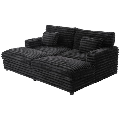 Oversized Double Chaise Lounge, Faux Fur Upholstered Deep Seat Sofa with 2 Pillows, 2 Cupholders, and Dual USB Ports