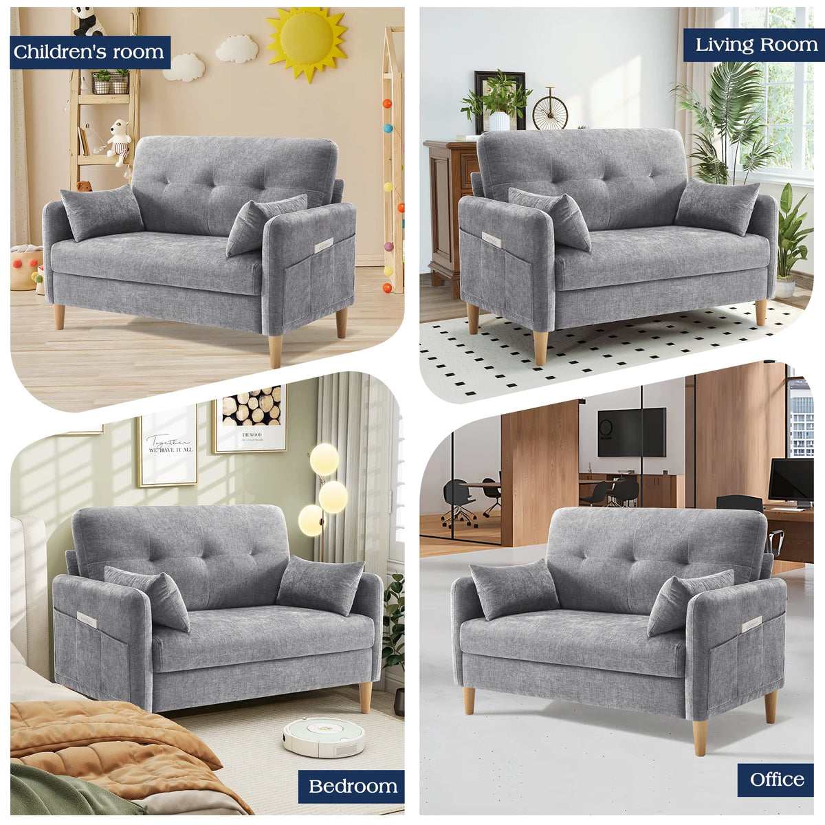 BedLuxury 47'' Wide LoveSeat, 2-seat Chenille sofa with 2 Pillows for Living Room and Small Spaces, Dark Grey