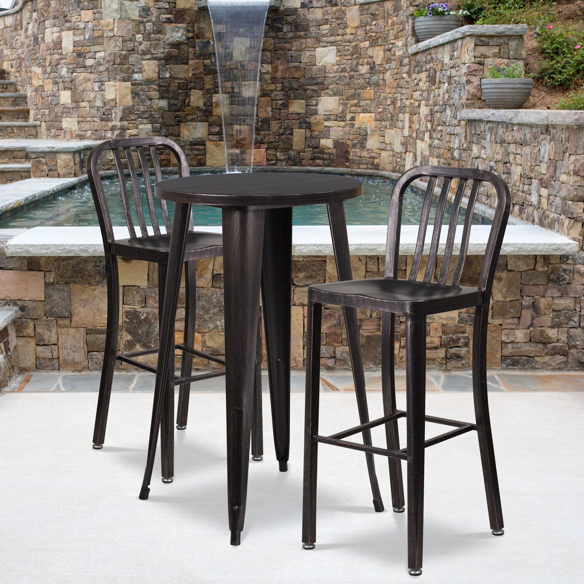 Flash Furniture Earl Commercial Grade 24" Round Silver Metal Indoor-Outdoor Bar Table Set with 2 Vertical Slat Back Stools