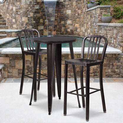 Flash Furniture Earl Commercial Grade 24" Round Silver Metal Indoor-Outdoor Bar Table Set with 2 Vertical Slat Back Stools