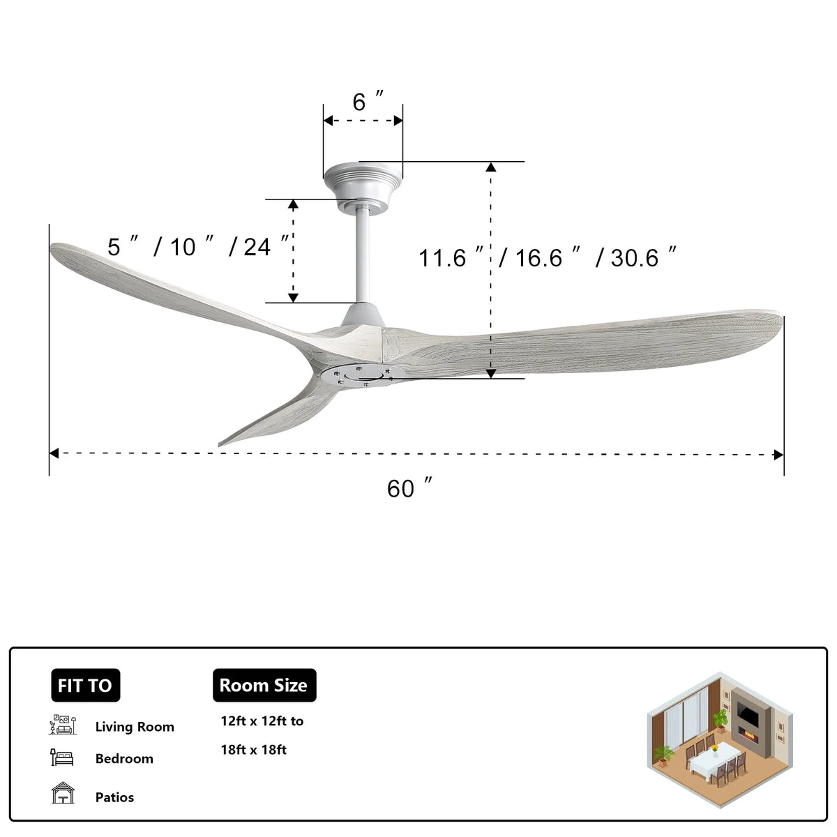 Sofucor 60" Modern Ceiling Fans No Light With Remote Control For Living Room Porch