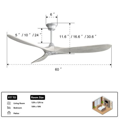 Sofucor 60" Modern Ceiling Fans No Light With Remote Control For Living Room Porch