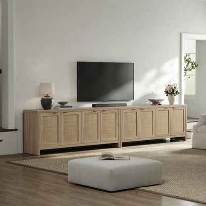 SICOTAS 61.5"W Rattan TV Stand with 4 Doors, Boho Entertainment Center with Adjustable Shelves & Spacious Countertop �C Large Boho Farmhouse Media Console for Living Room, Reclaimed Caramel Oak