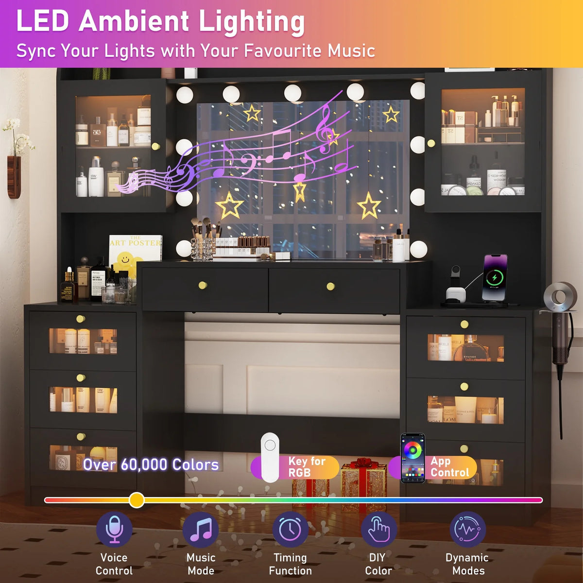 ChVans 62'' Large Vanity Desk with Tempered Glass Top, 11 LED Bulbs, Charging Station, Bedroom Makeup Vanity with 3 Lights Mode LED Mirror, 6 Translucent Drawers, 2 RGB cabinets for Women, Girls Gift