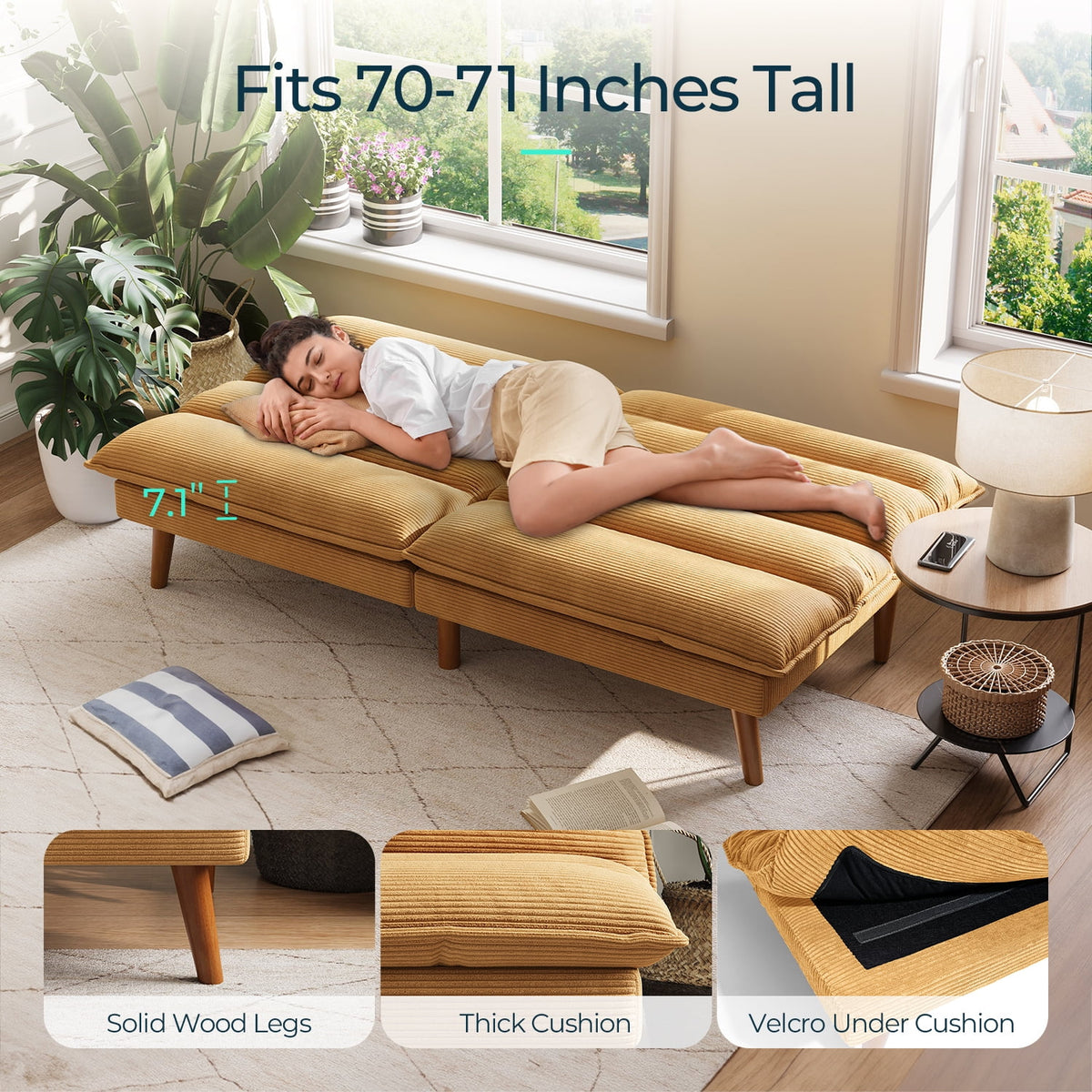 Linsy Home 71" W Corduroy Convertible Futon Sofa Bed, Army Green
