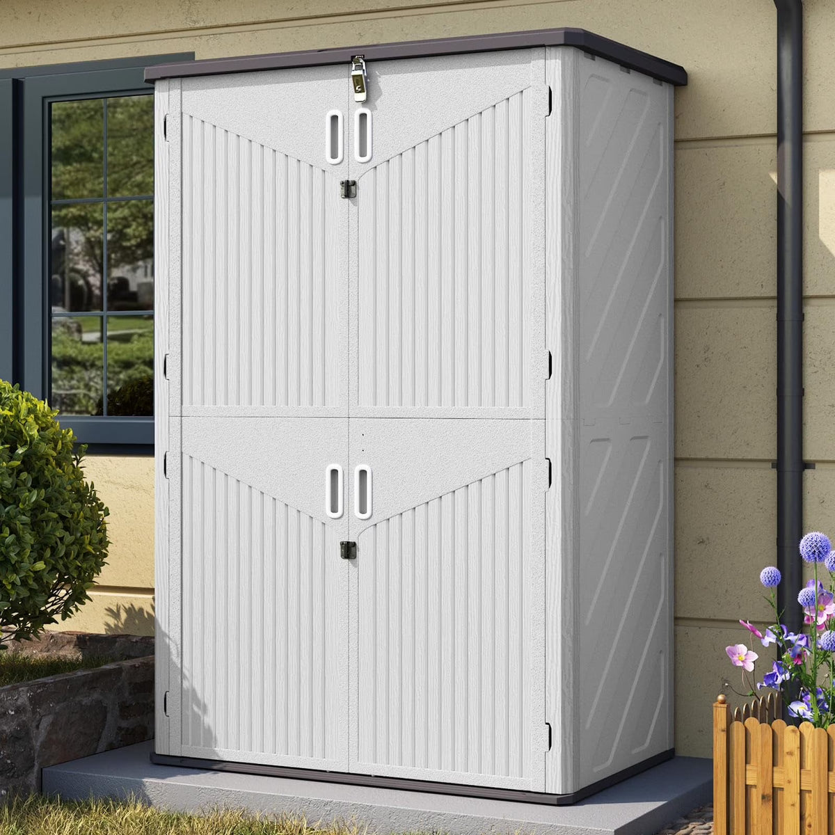 Aoxun Outdoor Storage Shed, 64 Cu.Ft Vertical Storage Sheds Outdoor with Floor, Outdoor Waterproof Storage Cabinet for Garage Storage, Pool Storage, Bike Shed, Garden Shed, Outdoor Storage(White)