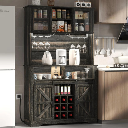 72" Farmhosue Coffee Bar Cabinet with Storage, Tall Kitchen Buffet with Hutch & Wine & Glasses Rack, Sliding Barn Door, Charging Station, RGB Lighting, 12 Storage Shelves, Sideboard Table