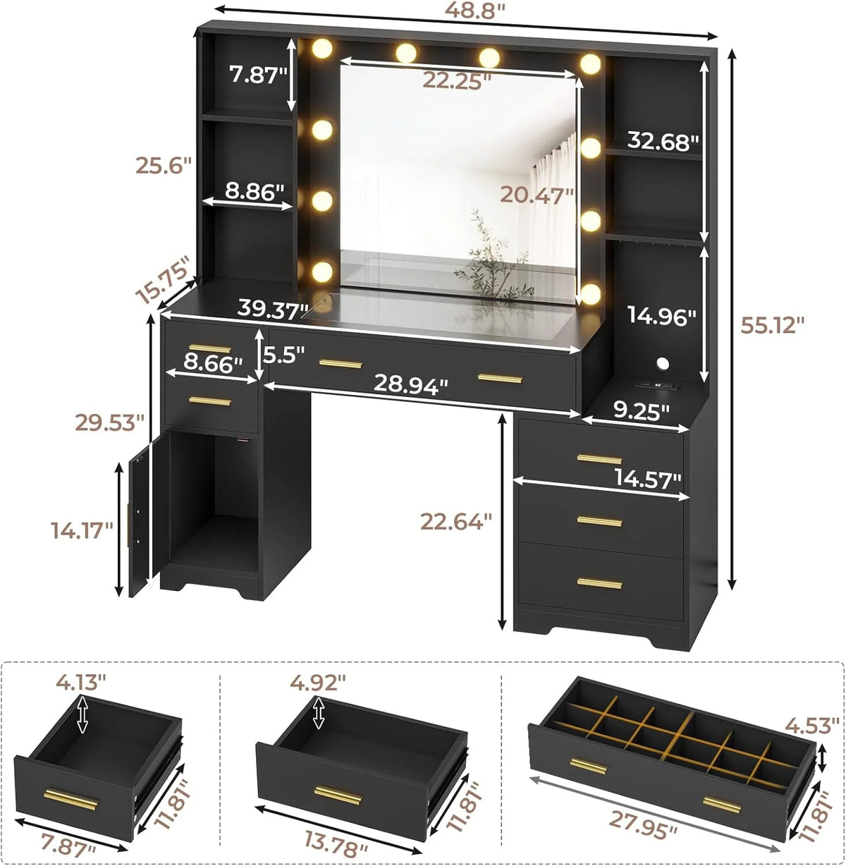 Makeup Vanity Desk with Lighted Mirror & Charging Stations & 6 Drawers Large Vanity Table Bedroom Dressing Table with Glass Tabletop&Side Cabinet&Glass Tabletop, Black