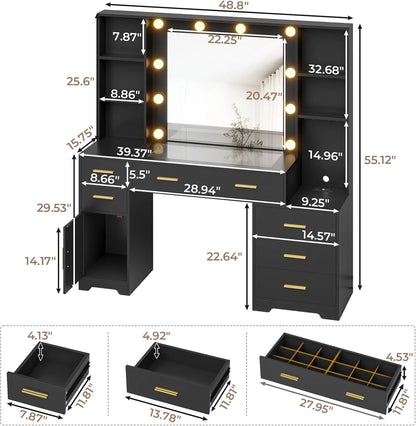 Makeup Vanity Desk with Lighted Mirror & Charging Stations & 6 Drawers Large Vanity Table Bedroom Dressing Table with Glass Tabletop&Side Cabinet&Glass Tabletop, Black