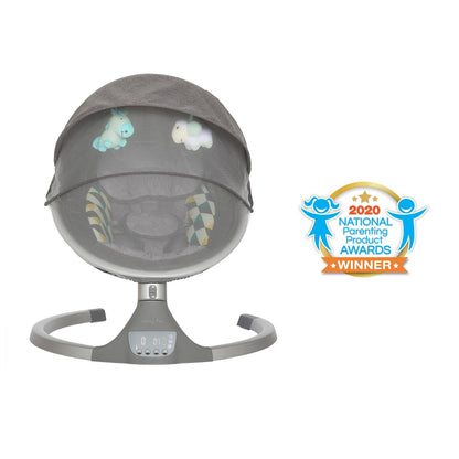 Dream On Me Zazu Baby Swing. Baby Swing for Infant. 5 - Swinging Speed. Two Attached Toys. Bluetooth Enabled and Remote Control. Grey and Blue