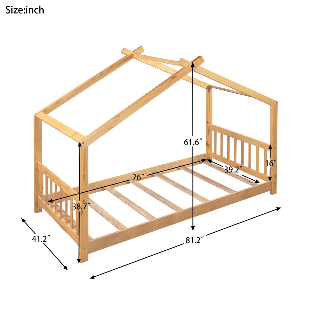 Euroco Wood House-Shaped Twin Platform Bed for Kids, Low Profile House Bed, No Box Spring Needed, Wood Color