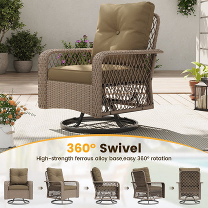 ELPOSUN 3 Pieces Patio Furniture Set, Outdoor Swivel Gliders Rocker, Wicker Patio Bistro Set with Rattan Rocking Chair, Glass Top Side Table and Thickened Cushions for Porch Deck Backyard