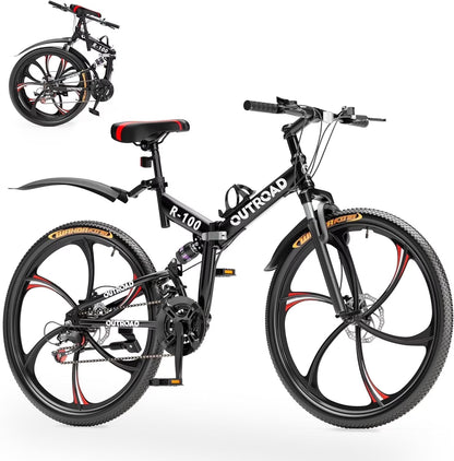 SUNCROWN 26 Inch Folding Mountain Bike, 21 Speed Full Suspension High-Carbon Steel MTB Foldable Bicycle, Dual Disc Brake Non-Slip Folding Bikes for Adults/Men/Women, Black