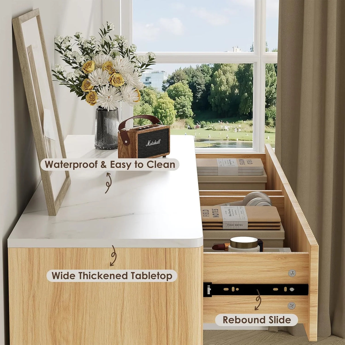 Selooye Fluted 5 Drawers Dresser, 47" Tall Modern Chest of Drawers with Faux Marble Top, Curved Profile Design, Wood Drawer Organizer for Bedroom, Living Room, Hallway, Entryway, Natural Oak