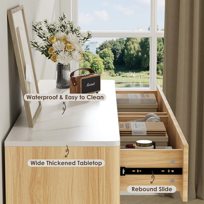Selooye Fluted 5 Drawers Dresser, 47" Tall Modern Chest of Drawers with Faux Marble Top, Curved Profile Design, Wood Drawer Organizer for Bedroom, Living Room, Hallway, Entryway, Natural Oak