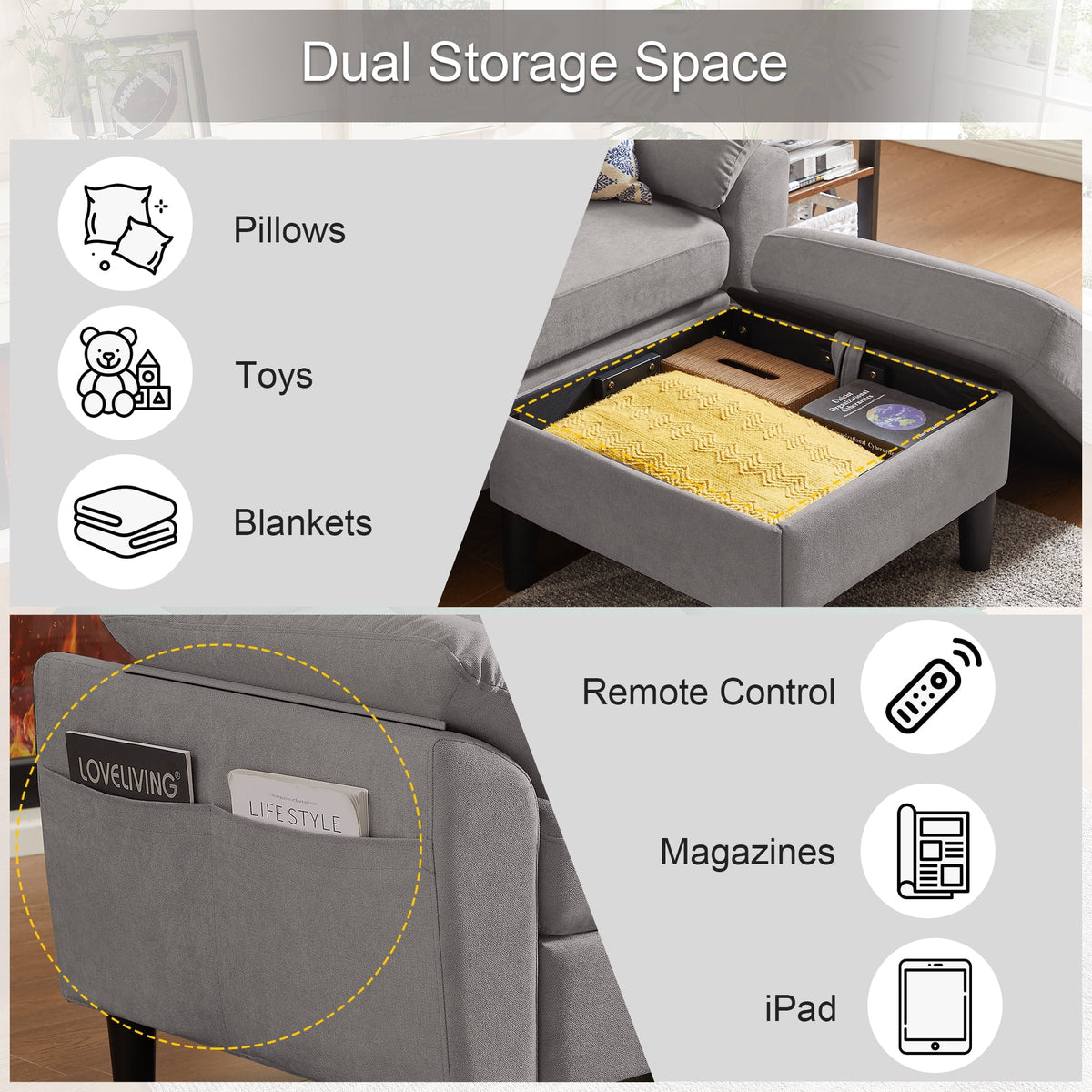 Pingliang Home Sectional Sofa Couch with Storage Ottoman,Modern 3 Seat L Shaped Sofa Couch for Living Room Apartment Studio Office