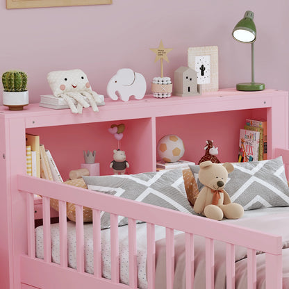 Euroco Wood Twin Size Platform Bed with Storage Headboard and Drawers, Low Profile Bed with Guardrails for Kids and Toddlers, White