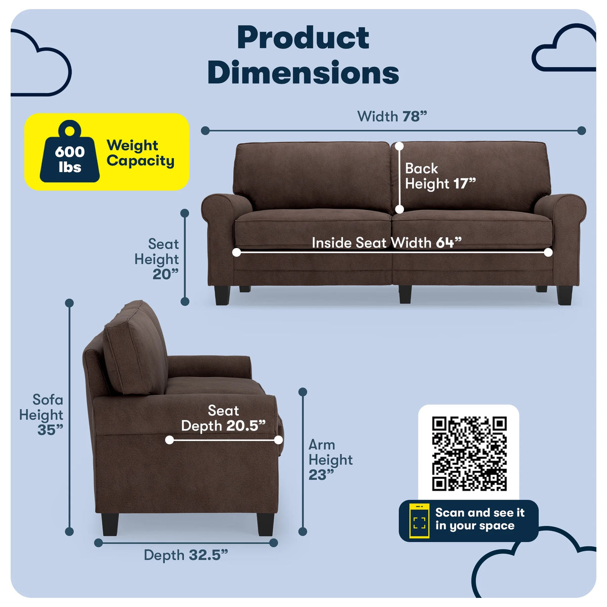 Serta Copenhagen 78" Rolled Arm Sofa with Removable Covers Dark Brown