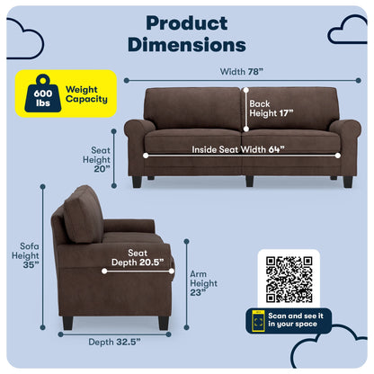 Serta Copenhagen 78" Rolled Arm Sofa with Removable Covers Dark Brown
