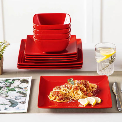 Dinnerware Sets 12 Pieces, Stoneware Square Place Setting, Dinner Plate, Dessert Plate, Bowls Service for 4