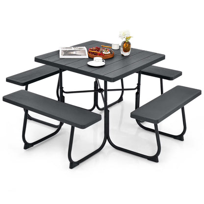 Costway Outdoor 8-person Square Picnic Table Bench Set with 4 Benches & Umbrella Hole White