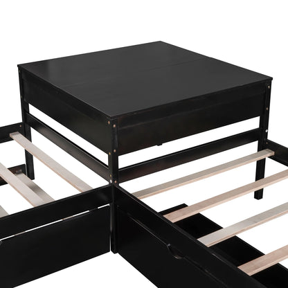 Euroco Wood Twin Size L-Shaped Platform Bed with Square Storage Table for Kids Teens, 2 Platform Beds with Trundle and Drawers for Living Room, 3 Twin Beds, Gray