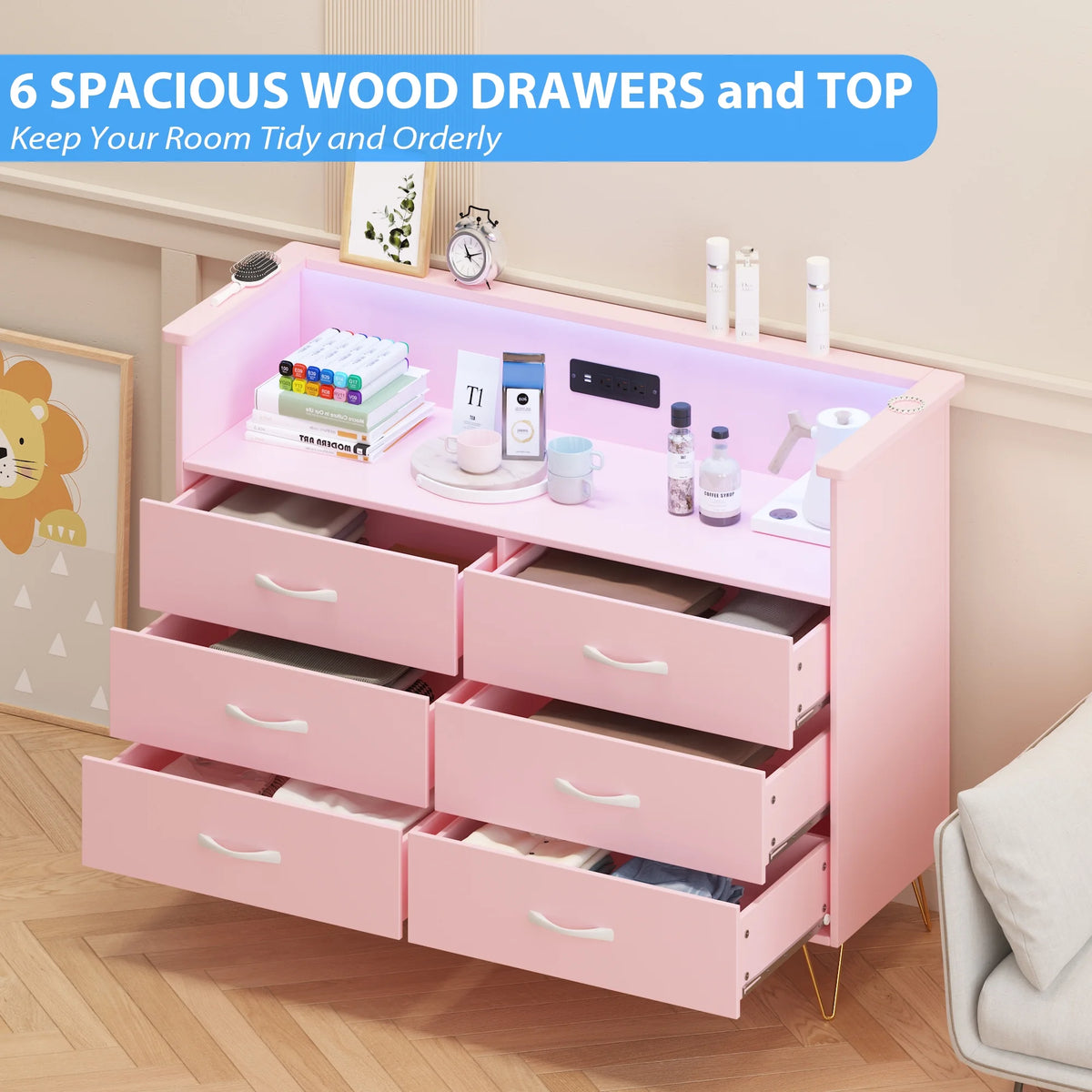 Homhougo Dresser for Bedroom 6 Drawer with LED Light & Charging Station, Wooden Dressers and Chests of Drawers with 2-Tier Open Shelves, Wide Dresser Organizer for Living Room Hallway Entryway, Pink