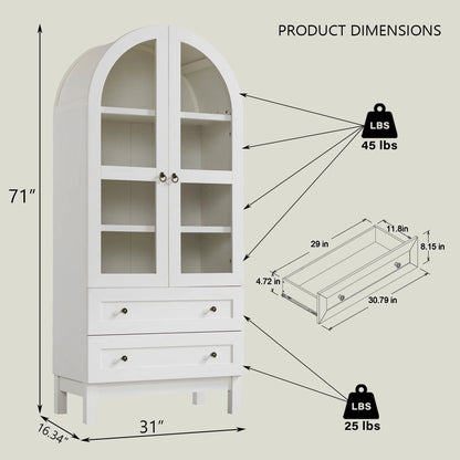 SinCiDo Arched Kitchen Pantry Storage Cabinet, 71-Inch Tall Wood Adjustable Shelves, 2 Doors, 2 Drawers