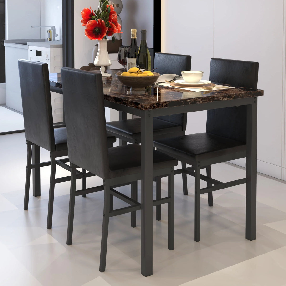 uhomepro 5-Piece Dining Room Table Set for 4 Person, Elegant Dining Table Set, Home Kitchen Table with 4 PU Leather Chairs and Metal Dining Room Modern Furniture