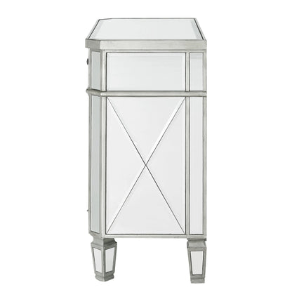 Powell Deville 2-Door Single Drawer Indoor Console Table with Shelves, Mirrored Surfaces and Luxe Silver Wood