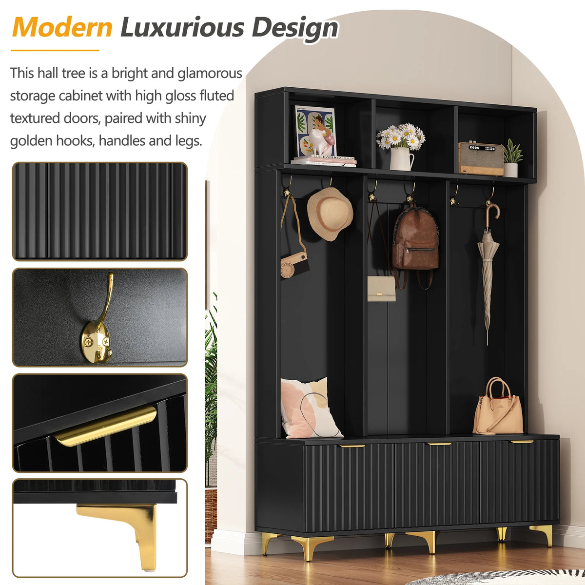 Euroco Modern Hall Tree with High Gloss Fluted Doors, Gold Accents, Shoe Storage & Bench a?? Entryway Organizer with Cubbies and Coat Hooks