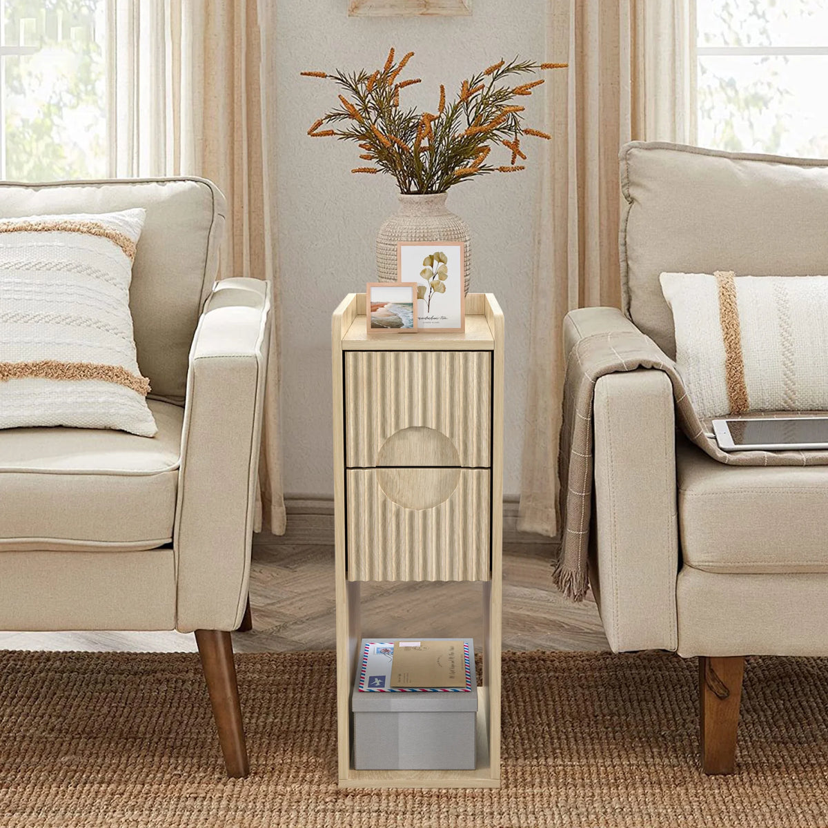 Narrow Nightstand Set of 2 with Drawers, Fluted Slim Side End Table with Storage for Small Spaces