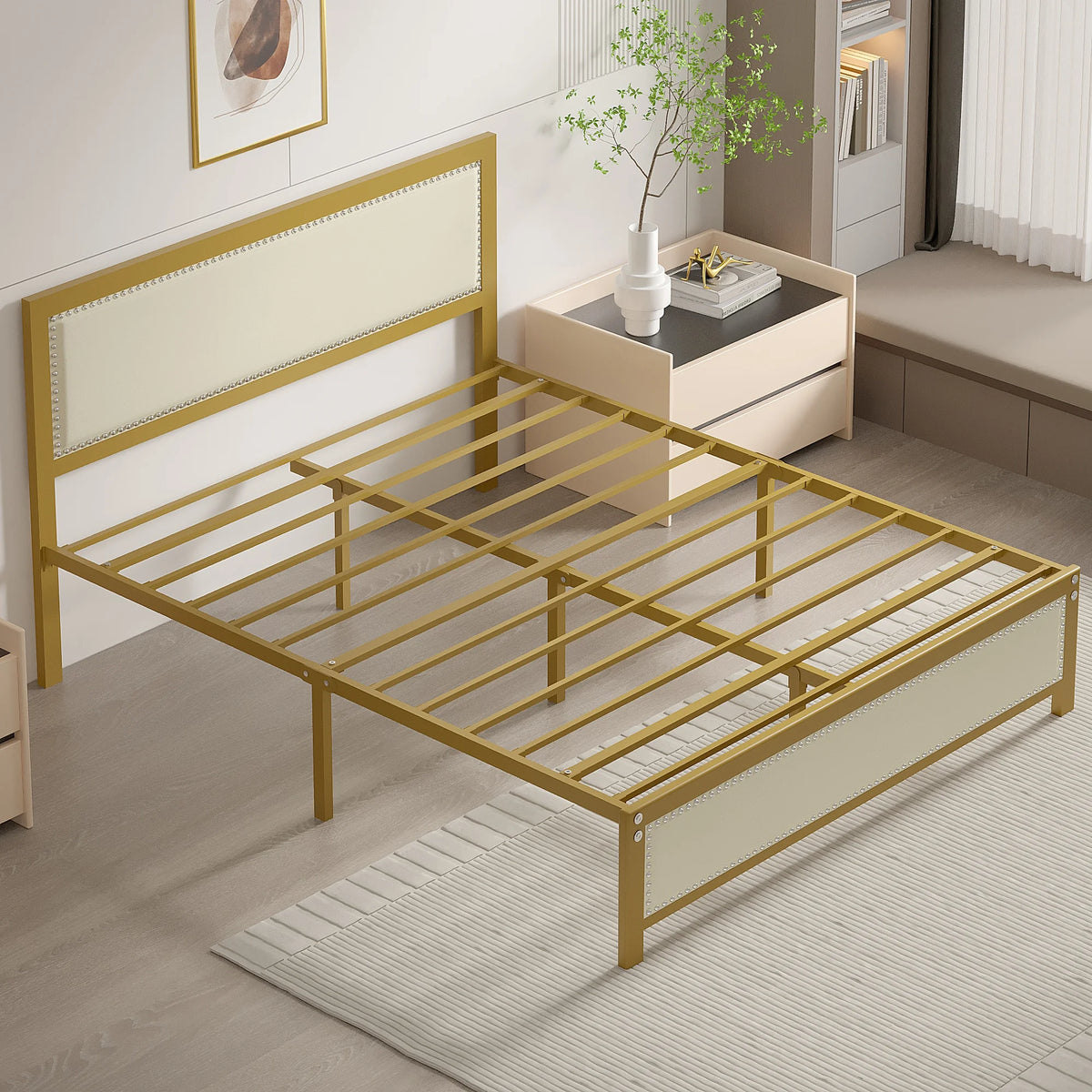 VECELO Queen Size Bed Frame Metal Platform Bed with Upholstered Headboard, No Box Spring Needed, Black