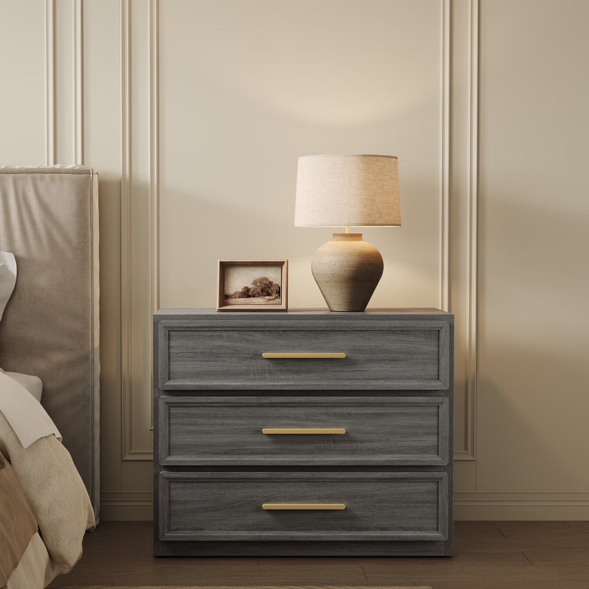 SICOTAS 31.3" W 3-Drawer Nightstand Set of 2 with Oversized Large Storage , Modern Night Stands Bedside Table with Adjustable Feet & Gold Handles for Bedroom Living Room Entryway, Light Oak